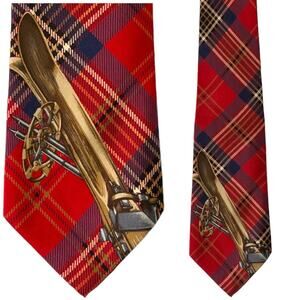 Polo Ralph Lauren Vtg Silk Tie Plaid Ski Pole Pattern Red Navy Blue Handmade